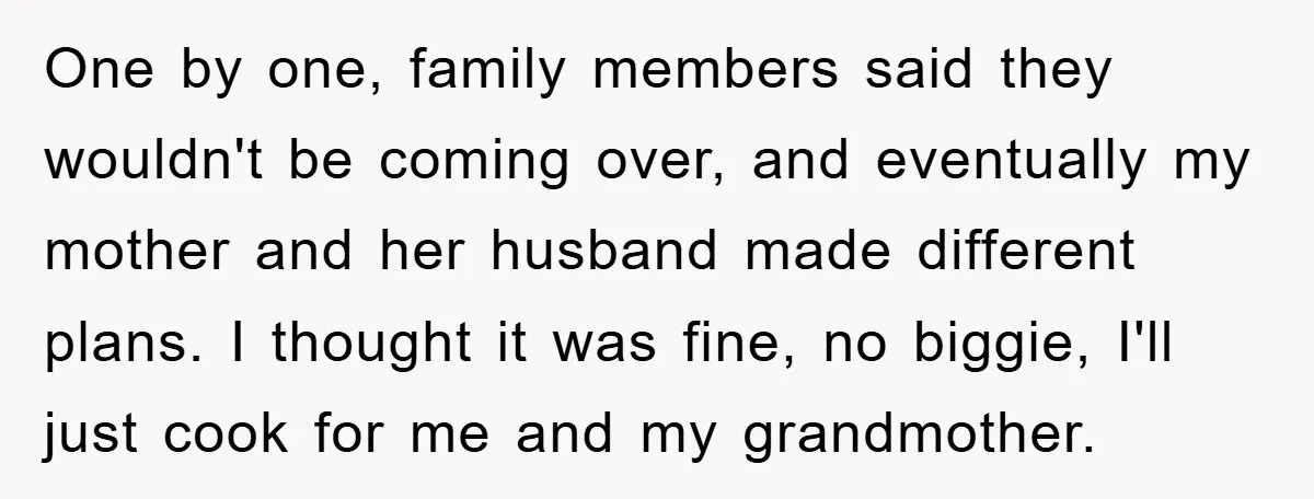 One by one, family members said they wouldn't be coming over, and eventually my mother and her husband made different plans. I thought it was fine, no biggie, I'll just...