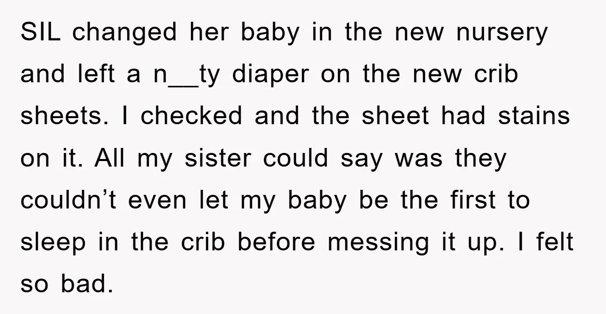 SIL changed her baby in the new nursery and left a n__ty diaper on the new crib sheets. I checked and the sheet had stains on it. All my sister...