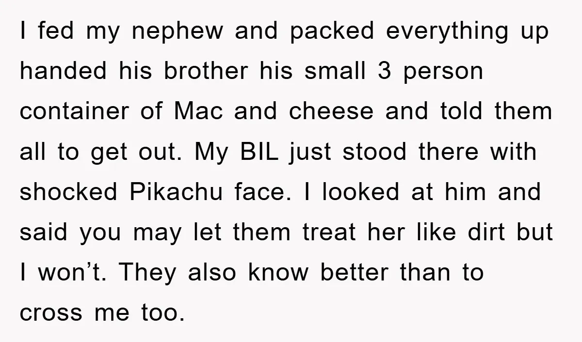 I fed my nephew and packed everything up handed his brother his small 3 person container of Mac and cheese and told them all to get out. My BIL just...