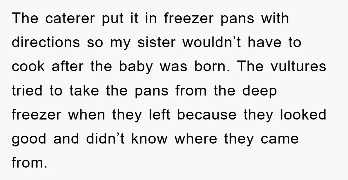 The caterer put it in freezer pans with directions so my sister wouldn’t have to cook after the baby was born. The vultures tried to take the pans from the...