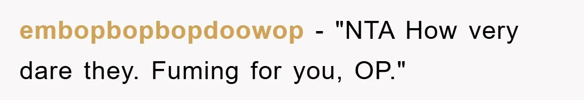 embopbopbopdoowop - "NTA How very dare they. Fuming for you, OP."
