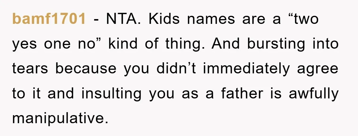 bamf1701 − NTA. Kids names are a “two yes one no” kind of thing. And bursting into tears because you didn’t immediately agree to it and insulting you as a...