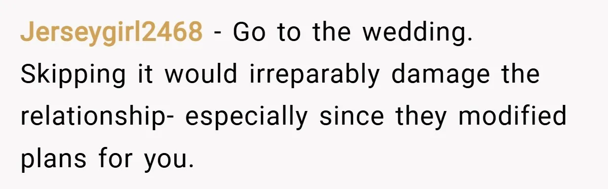 Jerseygirl2468 − Go to the wedding. Skipping it would irreparably damage the relationship- especially since they modified plans for you.