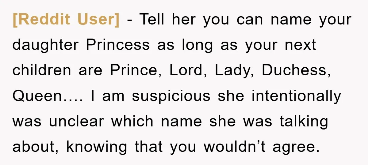 [Reddit User] − Tell her you can name your daughter Princess as long as your next children are Prince, Lord, Lady, Duchess, Queen…. I am suspicious she intentionally was unclear...