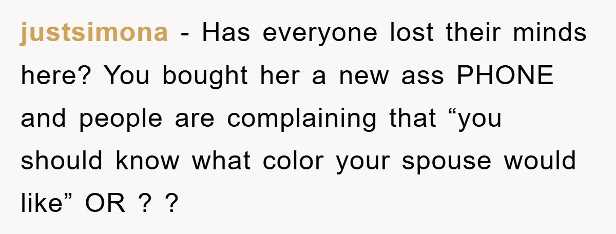 justsimona − Has everyone lost their minds here? You bought her a new ass PHONE and people are complaining that “you should know what color your spouse would like” OR...