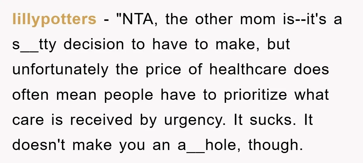 lillypotters - "NTA, the other mom is--it's a s__tty decision to have to make, but unfortunately the price of healthcare does often mean people have to prioritize what care is...
