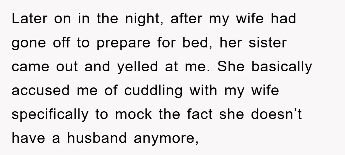 Later on in the night, after my wife had gone off to prepare for bed, her sister came out and yelled at me. She basically accused me of cuddling with...