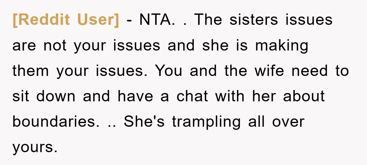 [Reddit User] − NTA. . The sisters issues are not your issues and she is making them your issues. You and the wife need to sit down and have a...