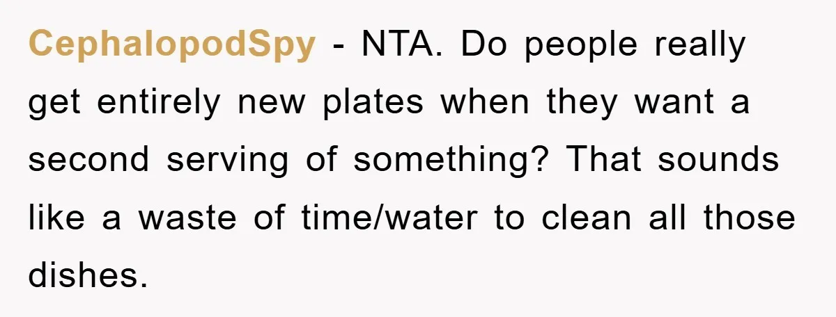 CephalopodSpy − NTA. Do people really get entirely new plates when they want a second serving of something? That sounds like a waste of time/water to clean all those dishes.