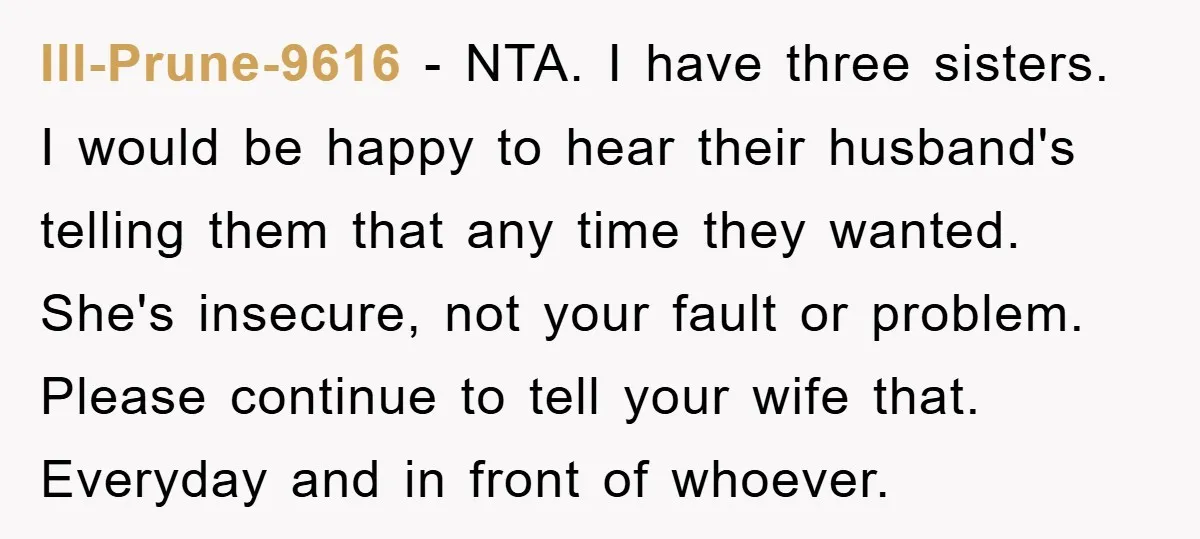 Ill-Prune-9616 − NTA. I have three sisters. I would be happy to hear their husband's telling them that any time they wanted. She's insecure, not your fault or problem. Please...
