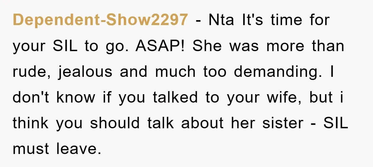 Dependent-Show2297 − Nta It's time for your SIL to go. ASAP! She was more than rude, jealous and much too demanding. I don't know if you talked to your wife,...
