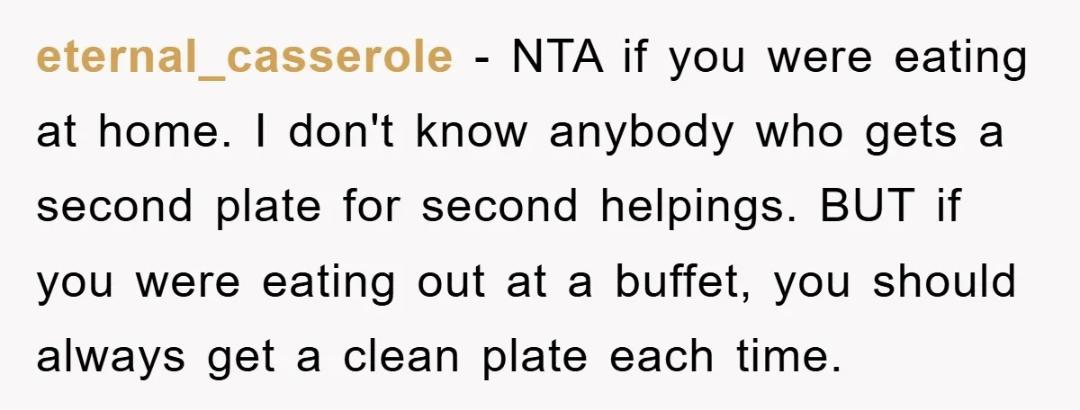 eternal_casserole − NTA if you were eating at home. I don't know anybody who gets a second plate for second helpings. BUT if you were eating out at a buffet,...