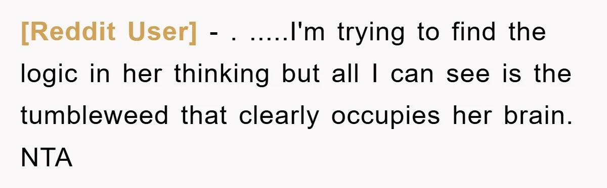 [Reddit User] − . .....I'm trying to find the logic in her thinking but all I can see is the tumbleweed that clearly occupies her brain. NTA