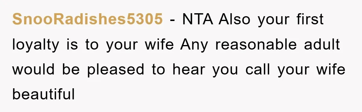 SnooRadishes5305 − NTA Also your first loyalty is to your wife Any reasonable adult would be pleased to hear you call your wife beautiful