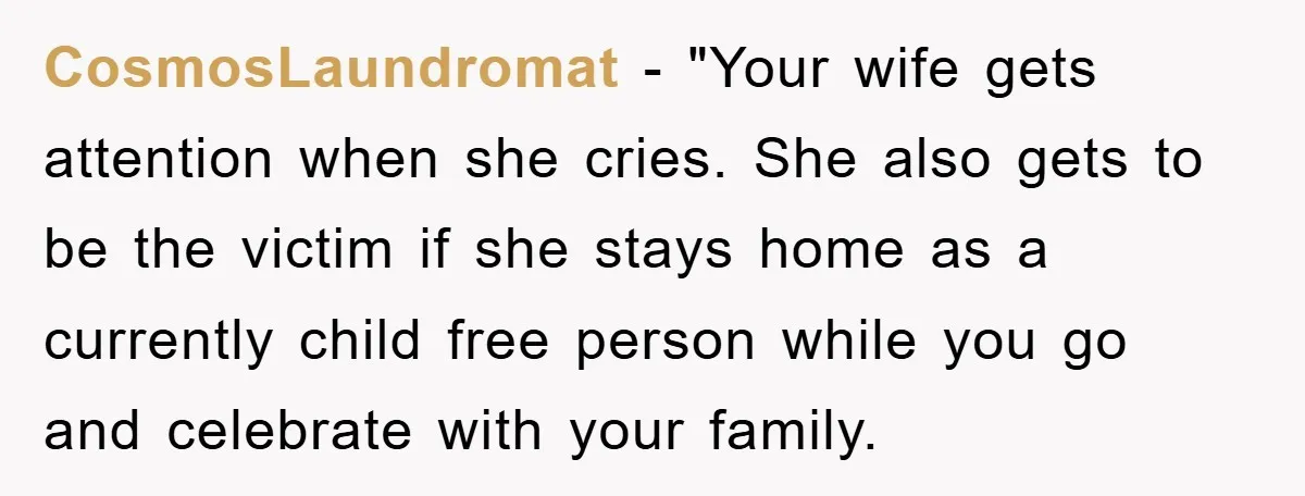 CosmosLaundromat - "Your wife gets attention when she cries. She also gets to be the victim if she stays home as a currently child free person while you go and...