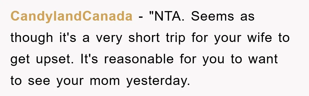 CandylandCanada - "NTA. Seems as though it's a very short trip for your wife to get upset. It's reasonable for you to want to see your mom yesterday.