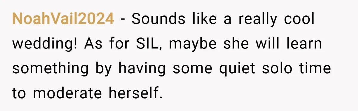 NoahVail2024 − Sounds like a really cool wedding! As for SIL, maybe she will learn something by having some quiet solo time to moderate herself.