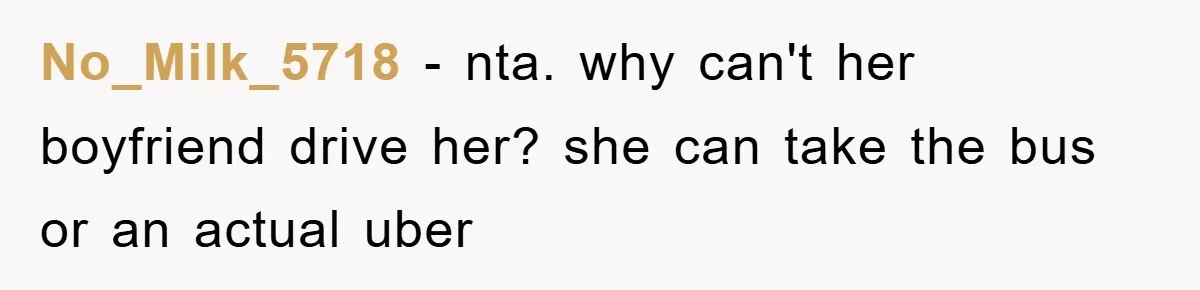 No_Milk_5718 − nta. why can't her boyfriend drive her? she can take the bus or an actual uber