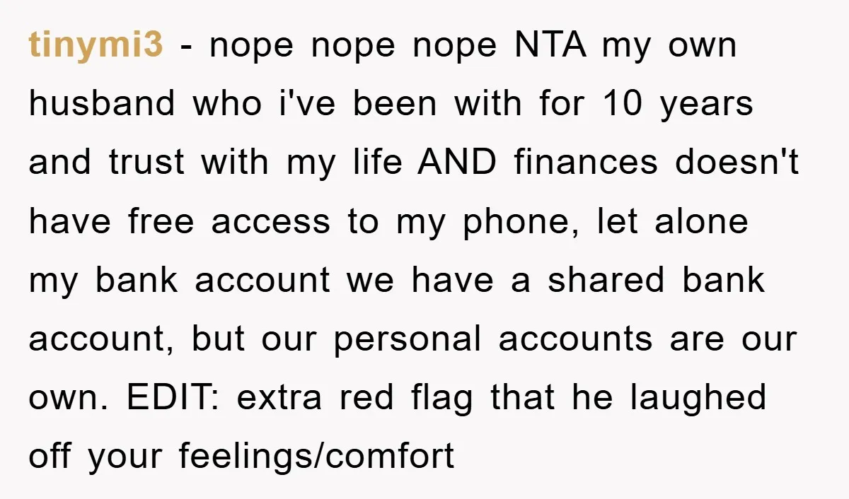 tinymi3 − nope nope nope NTA my own husband who i've been with for 10 years and trust with my life AND finances doesn't have free access to my phone,...