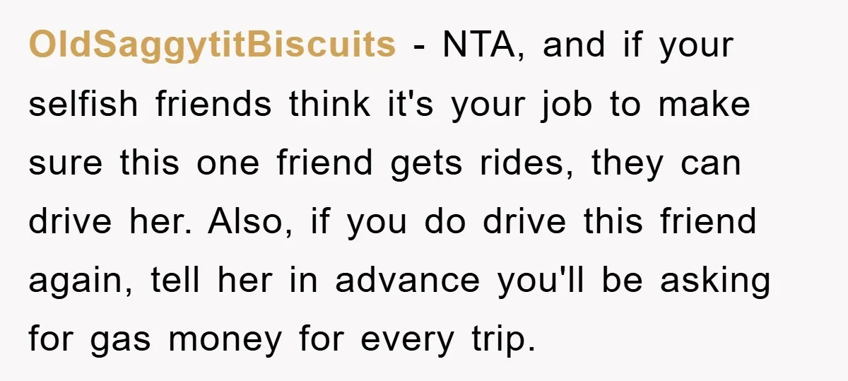 OldSaggytitBiscuits − NTA, and if your selfish friends think it's your job to make sure this one friend gets rides, they can drive her. Also, if you do drive this...
