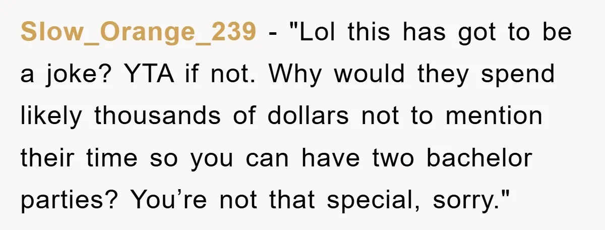 Slow_Orange_239 - "Lol this has got to be a joke? YTA if not. Why would they spend likely thousands of dollars not to mention their time so you can have...