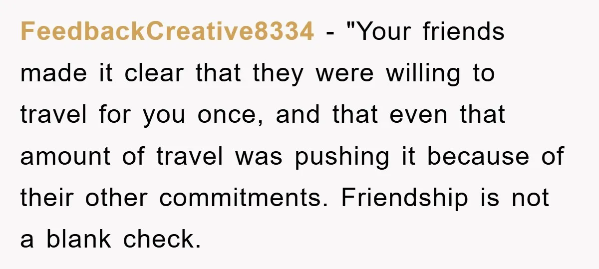 FeedbackCreative8334 - "Your friends made it clear that they were willing to travel for you once, and that even that amount of travel was pushing it because of their other...