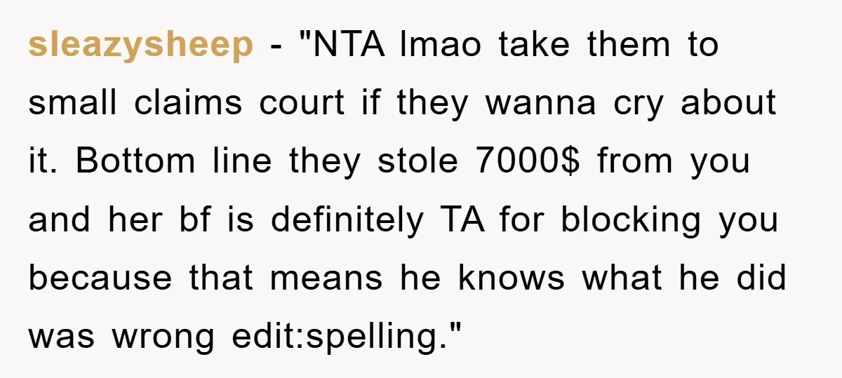 sleazysheep - "NTA lmao take them to small claims court if they wanna cry about it. Bottom line they stole 7000$ from you and her bf is definitely TA for...