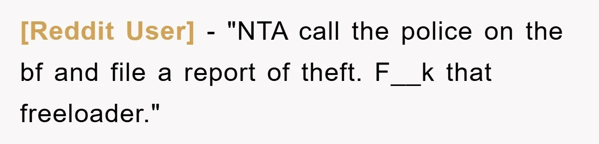 [Reddit User] - "NTA call the police on the bf and file a report of theft. F__k that freeloader."