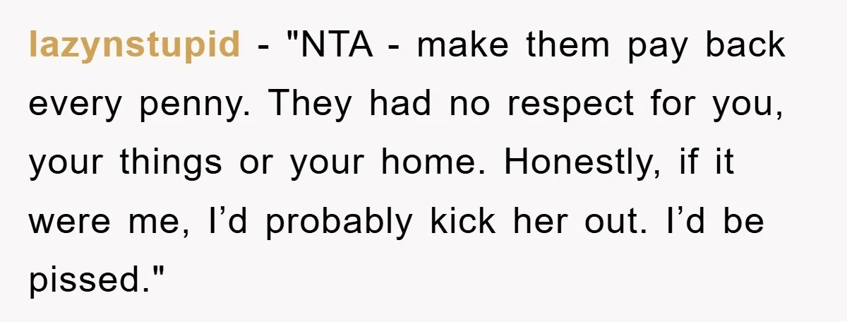 lazynstupid - "NTA - make them pay back every penny. They had no respect for you, your things or your home. Honestly, if it were me, I’d probably kick her...