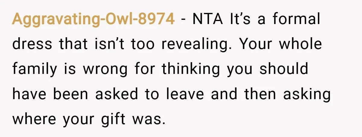 Aggravating-Owl-8974 − NTA It’s a formal dress that isn’t too revealing. Your whole family is wrong for thinking you should have been asked to leave and then asking where your...