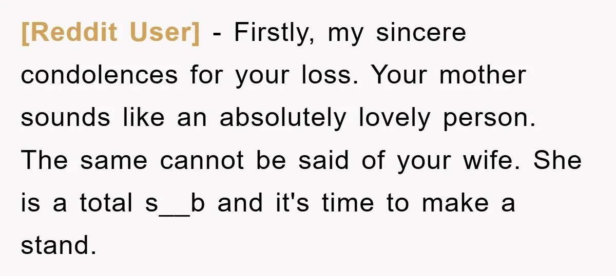 [Reddit User] − Firstly, my sincere condolences for your loss. Your mother sounds like an absolutely lovely person. The same cannot be said of your wife. She is a total...