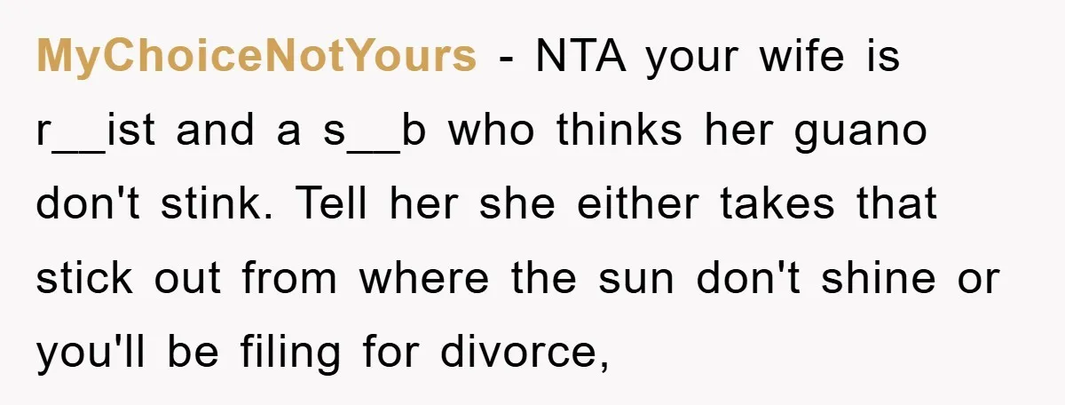 MyChoiceNotYours − NTA your wife is r__ist and a s__b who thinks her guano don't stink. Tell her she either takes that stick out from where the sun don't shine...