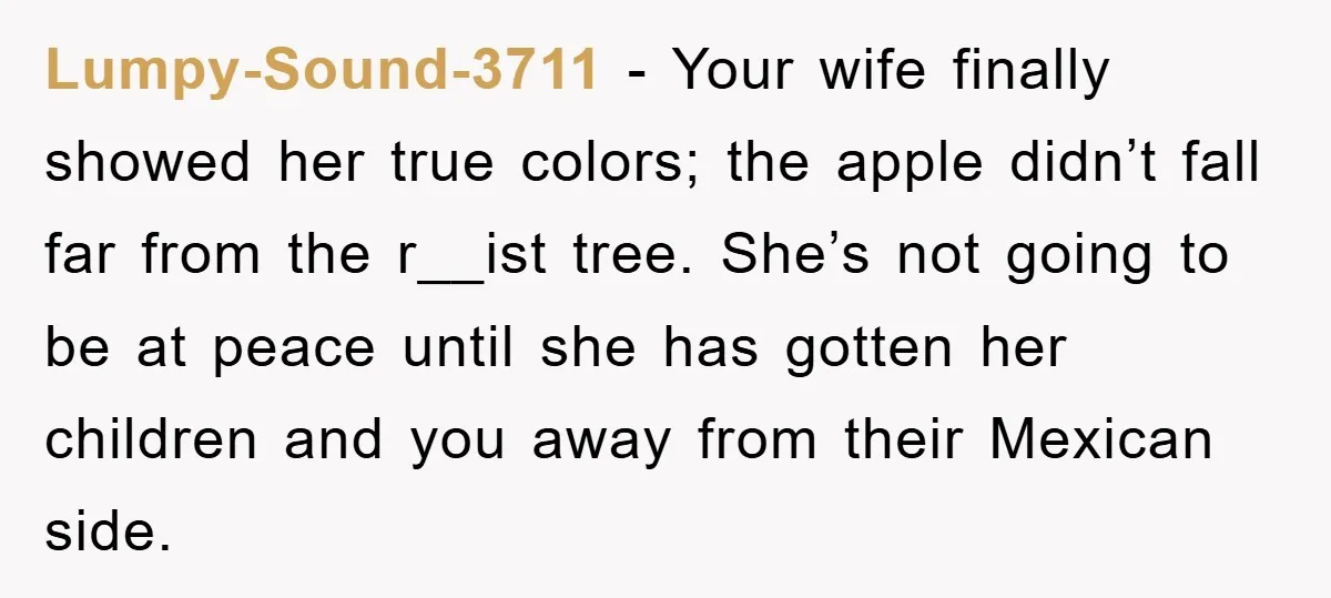 Lumpy-Sound-3711 − Your wife finally showed her true colors; the apple didn’t fall far from the r__ist tree. She’s not going to be at peace until she has gotten her...