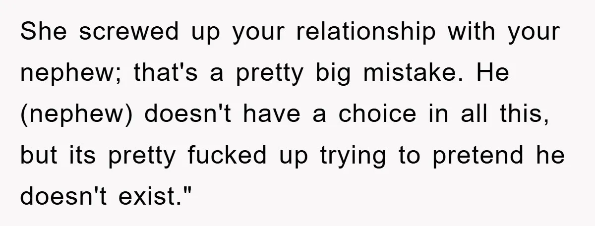 She screwed up your relationship with your nephew; that's a pretty big mistake. He (nephew) doesn't have a choice in all this, but its pretty fucked up trying to pretend...