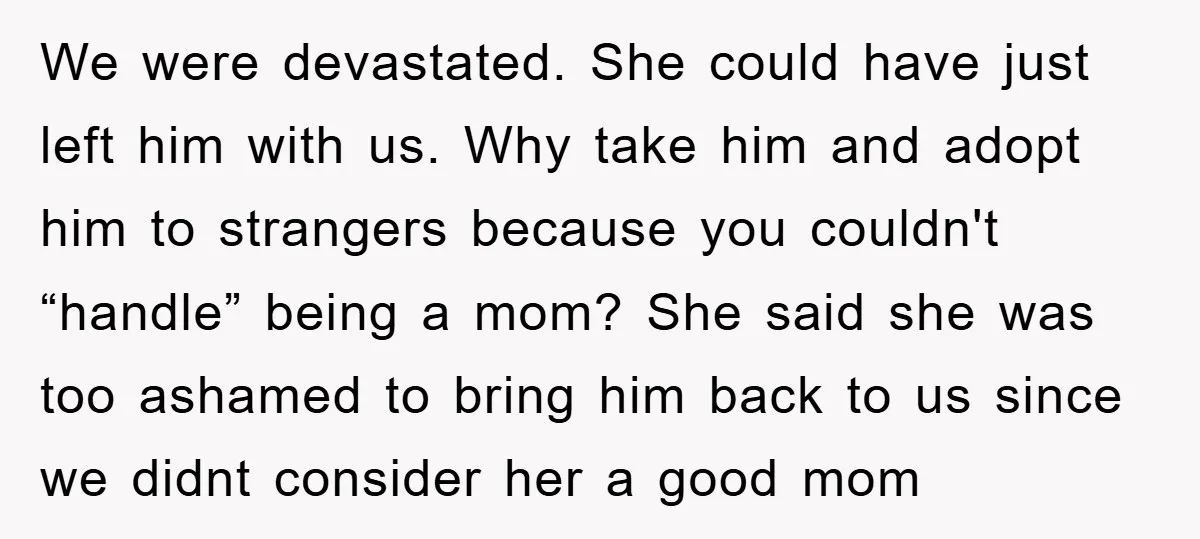 We were devastated. She could have just left him with us. Why take him and adopt him to strangers because you couldn't “handle” being a mom? She said she was...