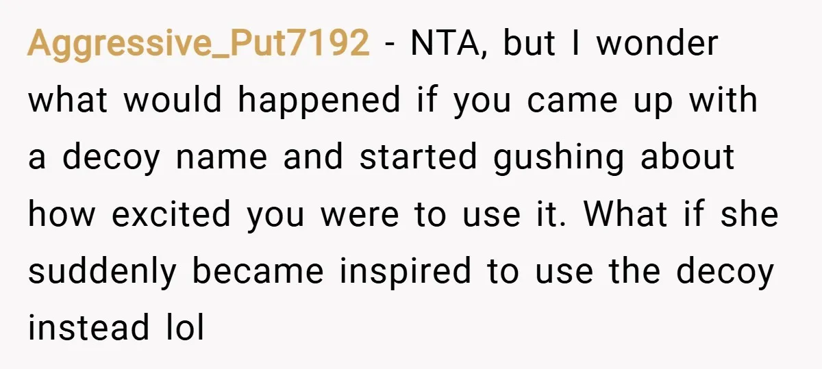 Aggressive_Put7192 − NTA, but I wonder what would happened if you came up with a decoy name and started gushing about how excited you were to use it. What if...