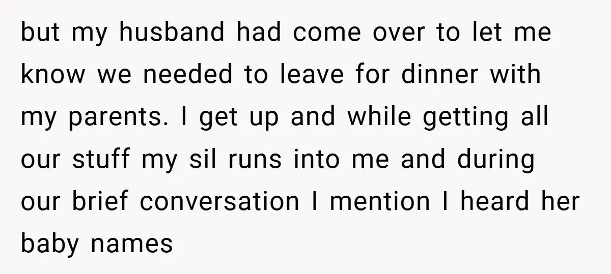 but my husband had come over to let me know we needed to leave for dinner with my parents. I get up and while getting all our stuff my sil...