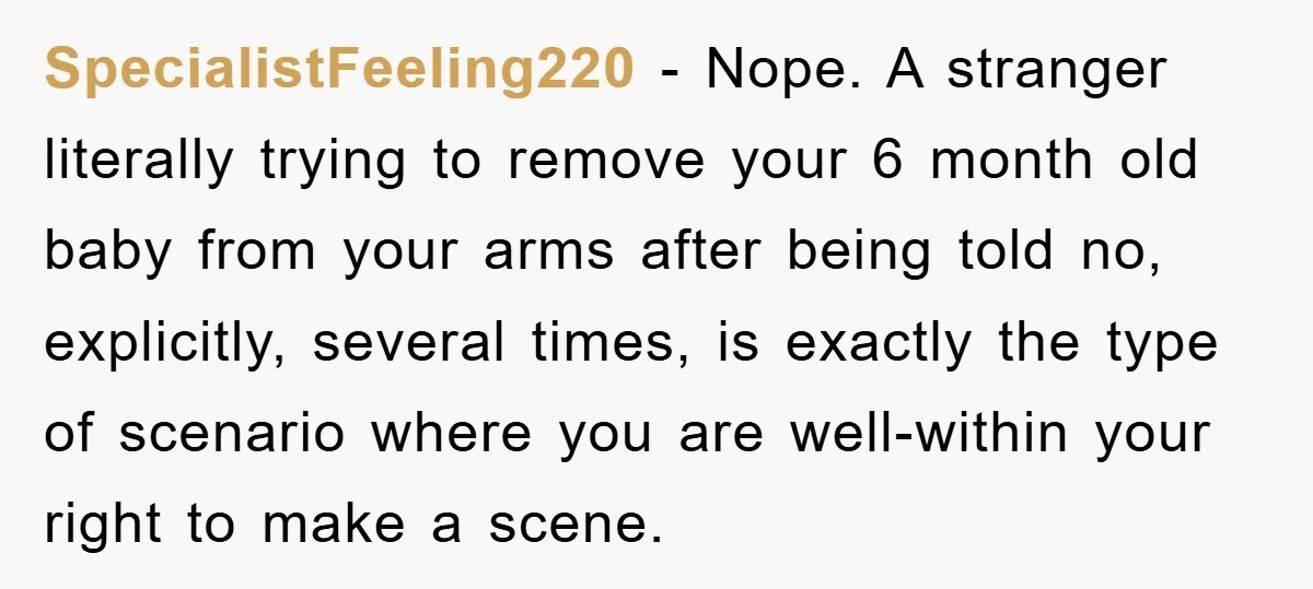 SpecialistFeeling220 − Nope. A stranger literally trying to remove your 6 month old baby from your arms after being told no, explicitly, several times, is exactly the type of scenario...