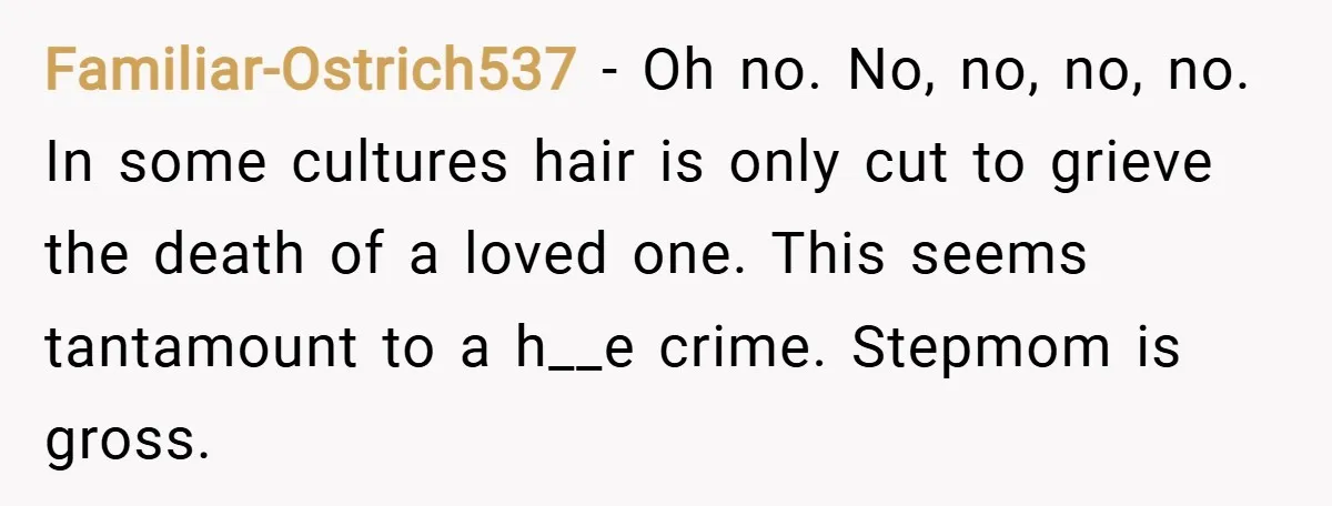 Familiar-Ostrich537 − Oh no. No, no, no, no. In some cultures hair is only cut to grieve the death of a loved one. This seems tantamount to a h__e crime....
