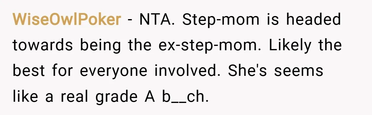 WiseOwlPoker − NTA. Step-mom is headed towards being the ex-step-mom. Likely the best for everyone involved. She's seems like a real grade A b__ch.