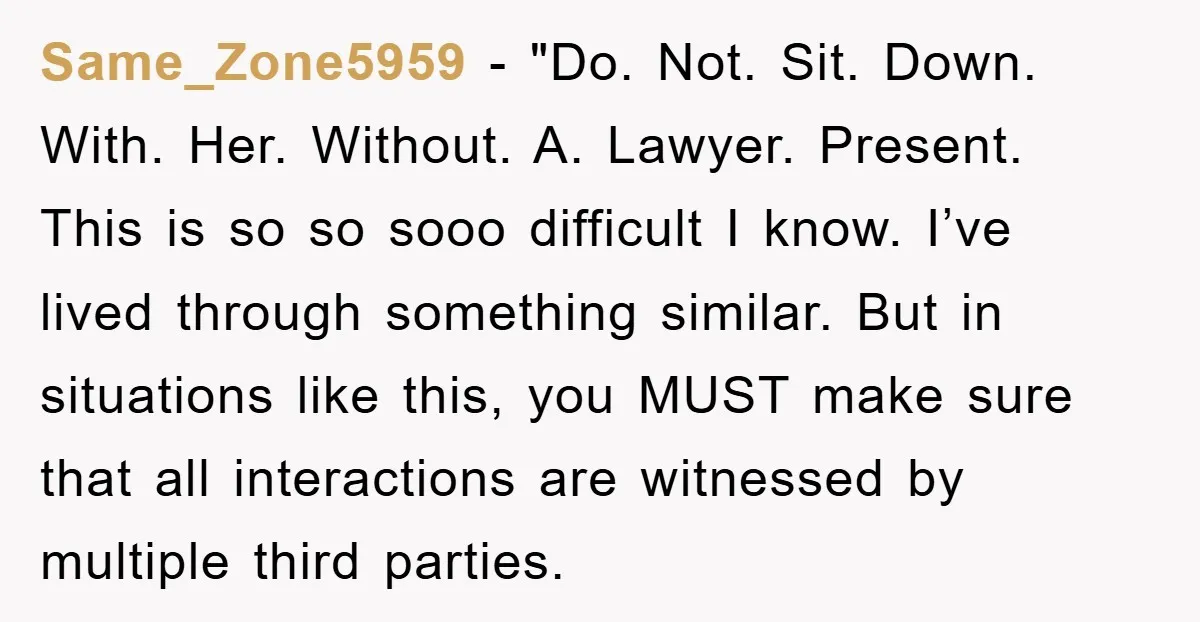 Same_Zone5959 - "Do. Not. Sit. Down. With. Her. Without. A. Lawyer. Present. This is so so sooo difficult I know. I’ve lived through something similar. But in situations like this,...