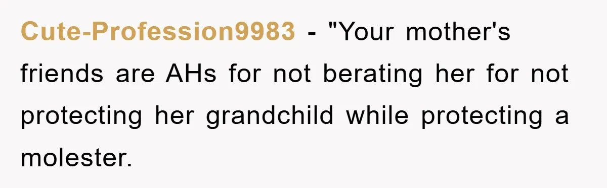 Cute-Profession9983 - "Your mother's friends are AHs for not berating her for not protecting her grandchild while protecting a molester.