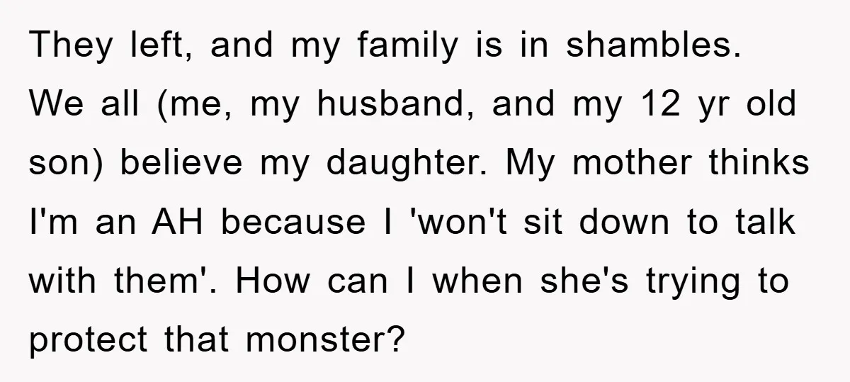 They left, and my family is in shambles. We all (me, my husband, and my 12 yr old son) believe my daughter. My mother thinks I'm an AH because I...