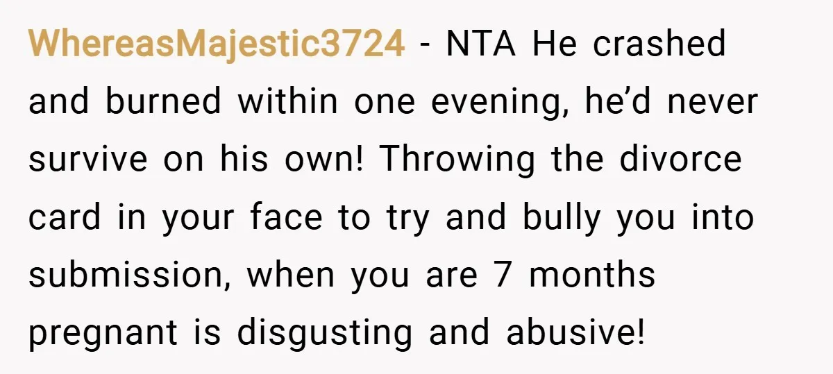 WhereasMajestic3724 − NTA He crashed and burned within one evening, he’d never survive on his own! Throwing the divorce card in your face to try and bully you into submission,...