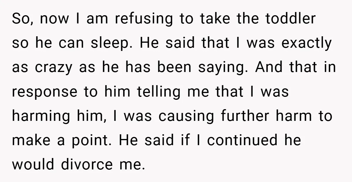 So, now I am refusing to take the toddler so he can sleep. He said that I was exactly as crazy as he has been saying. And that in response...
