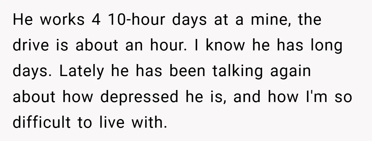 He works 4 10-hour days at a mine, the drive is about an hour. I know he has long days. Lately he has been talking again about how depressed he...