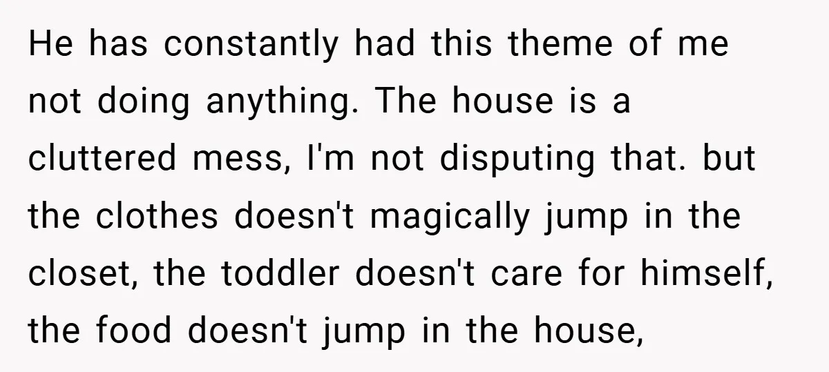He has constantly had this theme of me not doing anything. The house is a cluttered mess, I'm not disputing that. but the clothes doesn't magically jump in the closet,...