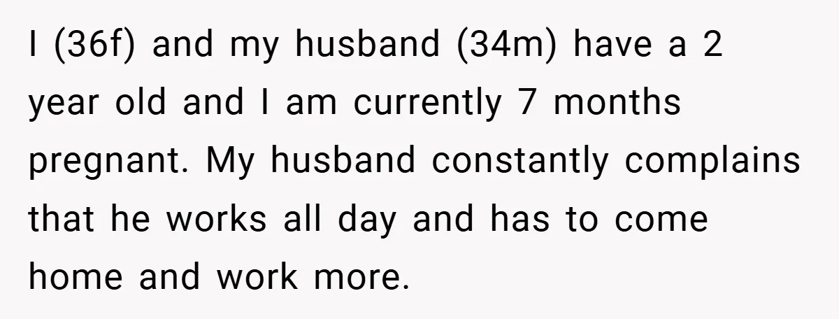 I (36f) and my husband (34m) have a 2 year old and I am currently 7 months pregnant. My husband constantly complains that he works all day and has to...