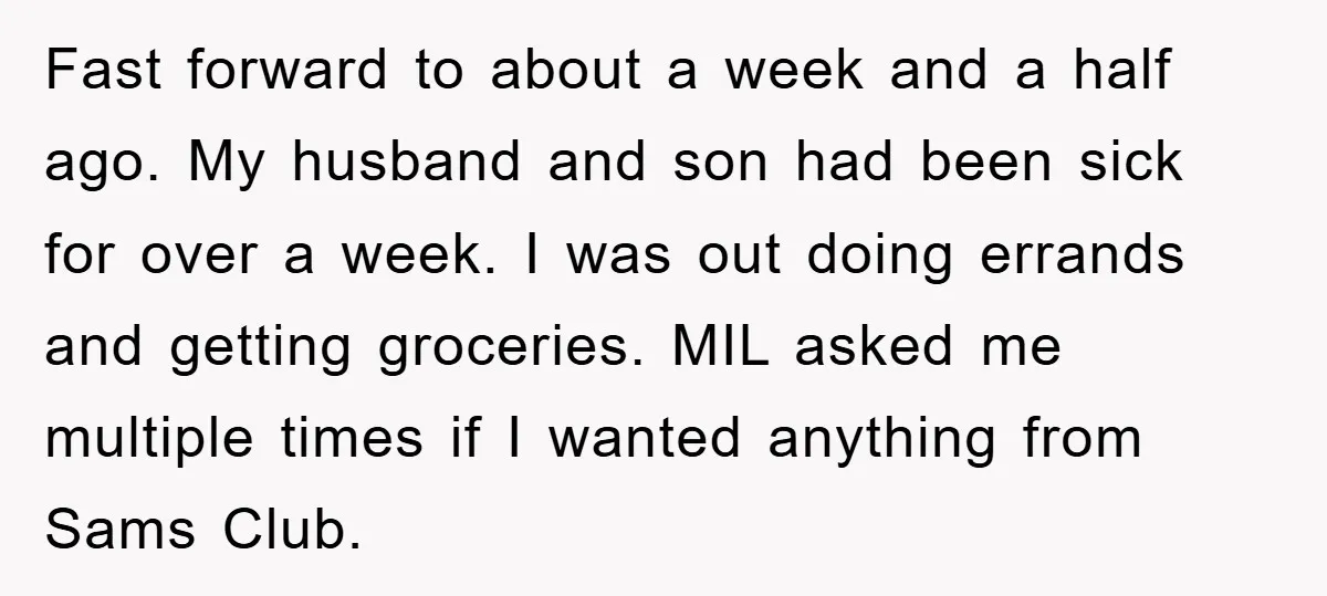 Fast forward to about a week and a half ago. My husband and son had been sick for over a week. I was out doing errands and getting groceries. MIL...