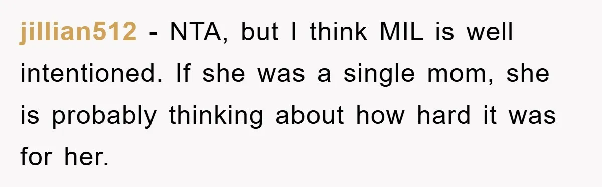 jillian512 − NTA, but I think MIL is well intentioned. If she was a single mom, she is probably thinking about how hard it was for her.
